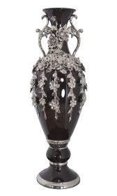 Black and Silver Floret Jeweled Stunning Vase 35 Inches Tall