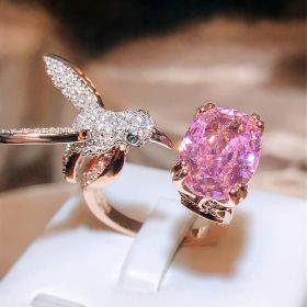 Lovely Pink Zircon And Hummingbird Open Ring Elegant Jewelry 925 Silver Plated Women's Accessories