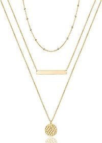 Layered Choker Necklace; Handmade 14K Gold Plated Y Pendant Necklace Multilayer Bar Disc Necklace Adjustable Layering Choker Necklaces for Women