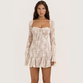 Lace Square Collar Dress Bell-bottom Long Sleeve Tied A- Line Dresses Womens Clothing (Option: Light Apricot Colored-S)