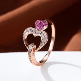 Delicate Double Heart Shape Ring Inlaid Pink Zircon 18K Gold Plated Hand Decoration For Women Valentine's Day Jewelry (Color: Rose Red)