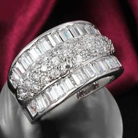 Regal Baguette And CZ Statement Band Ring (Color: Rhodium Plated)