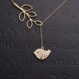 Spring has Sprung! Necklace and Chain with Sparrow and Tree Flying to the Nest (Color: 14 kt Yellow Gold Plated)