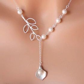 Pearly Lily Lariat Necklace in Sterling Silver and Real Pearl (Color: WHITE GOLD)