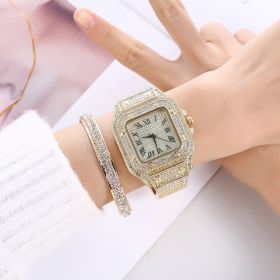 2pcs/set Watch + Bangle for Women Bracelet Iced Out Watch for Women Square Simple Luxury Plated Gold Watch Set Jewelry Set (Color: Golded)